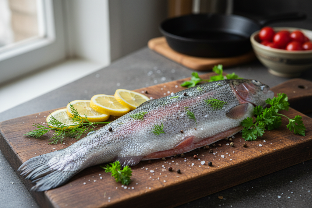 Fresh trout fillet with lemon and herbs on wooden board