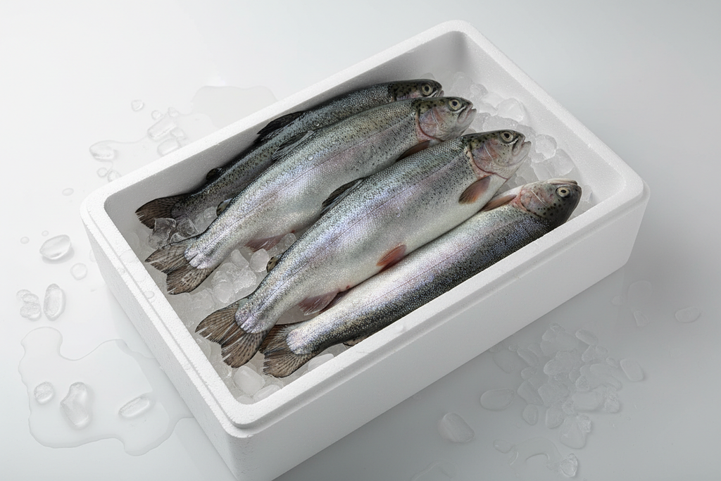 Fresh trout on ice in styrofoam box