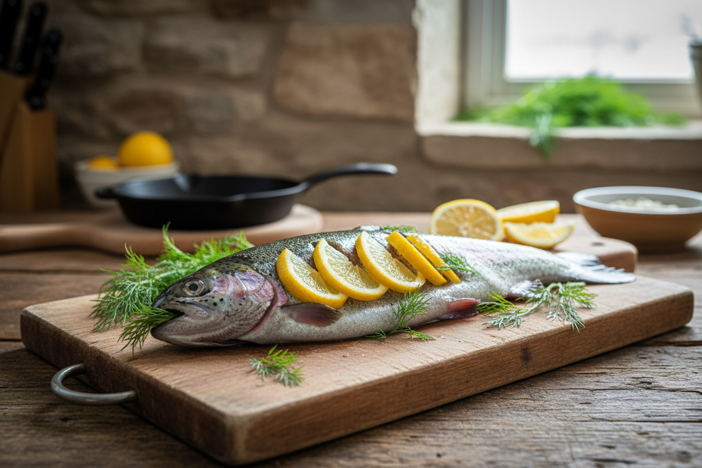 Fresh Rainbow Trout with lemon and herbs on wooden board