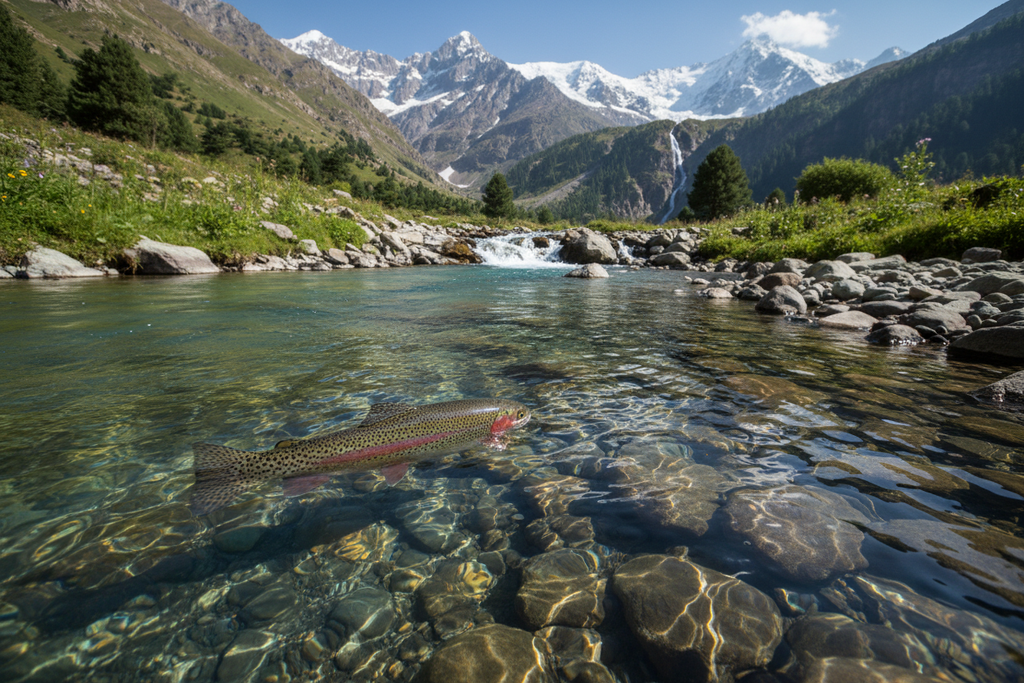 Rainbow Trout in glacier mountain stream Gilgit-Baltistan