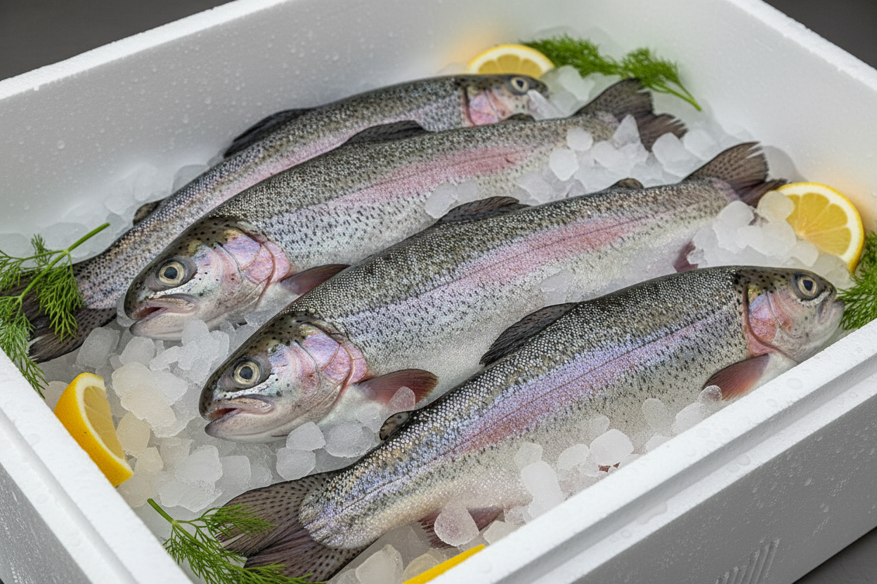 Fresh Rainbow Trout on crushed ice